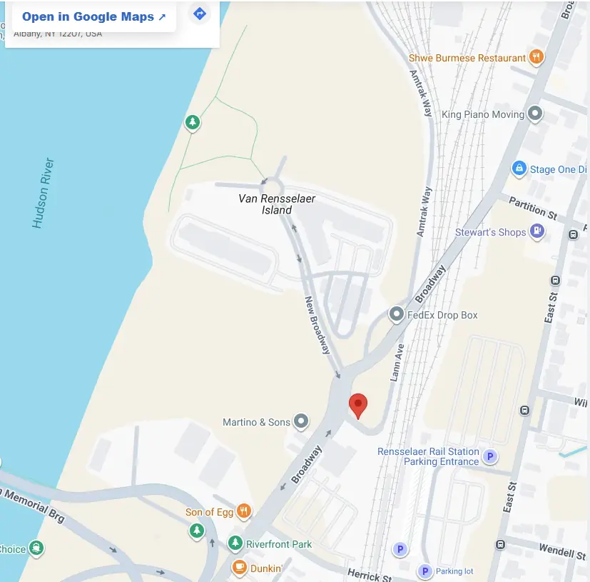 Google Maps image showing the Podium Group LLC corporate office location near Broadway in Albany, New York